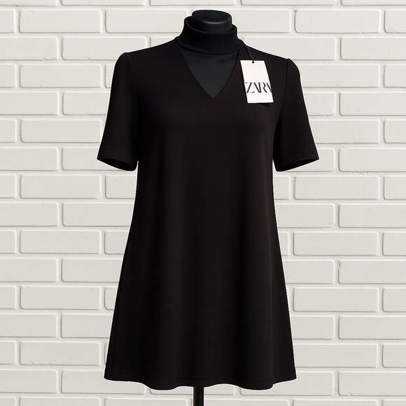 “New Zara Black Midi Dress with Tags - High Neck, Short Sleeves, Size L, Made in - Picture 15 of 15